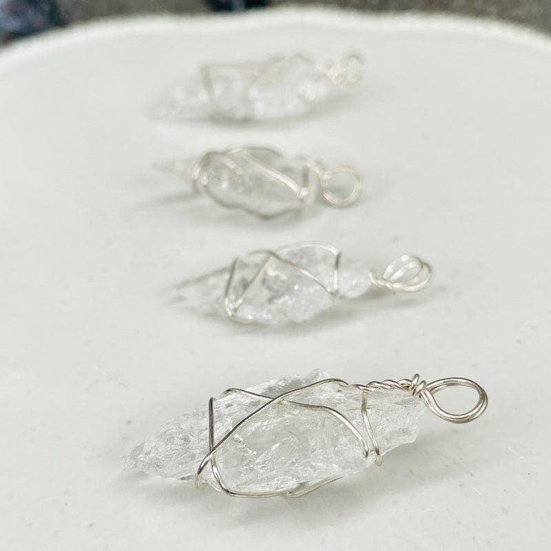 Crystal Quartz Arrowhead Pendant Wire Wrapped Silver Tone Ar