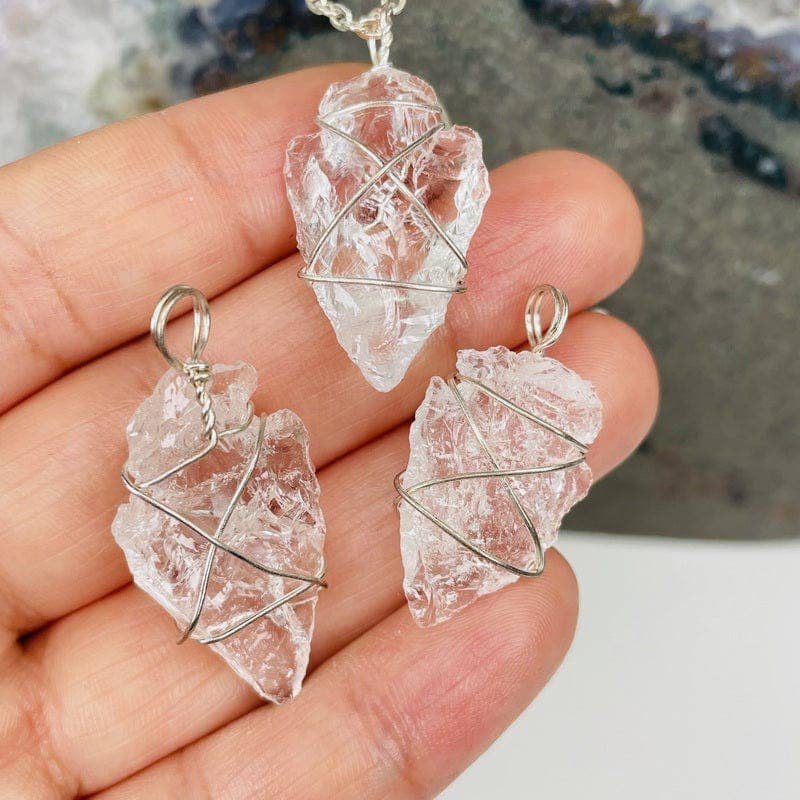 Crystal Quartz Arrowhead Pendant Wire Wrapped Silver Tone Ar