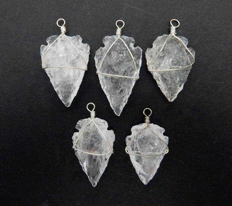 Crystal Quartz Arrowhead Pendant Wire Wrapped Silver Tone Ar